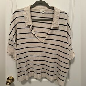 Max Studio Cream and Black Striped V-Neck Shirt